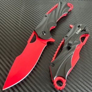 8.5” Red Military Tactical Cool Knife Spring Assisted Open Blade Folding Pocket knife. Hunting, Camping, Cute Knife. Cool Knives