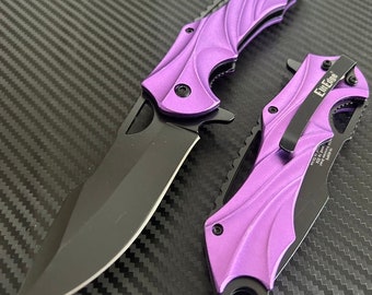 8.5” Purple Military Tactical Cool Knife Spring Assisted Open Blade Folding Pocket knife. Hunting, Camping, Cute Knife. Cool Knives