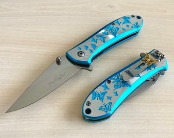 Blue Cute Knife 6.75” Tactical Spring Assisted Folding Pocket Knife. Hunting, Camping, Cute Knife. Cool Knife.