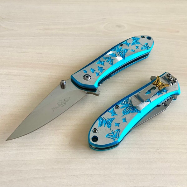 Blue Cute Knife 6.75” Tactical Spring Assisted Folding Pocket Knife. Hunting, Camping, Cute Knife. Cool Knife.