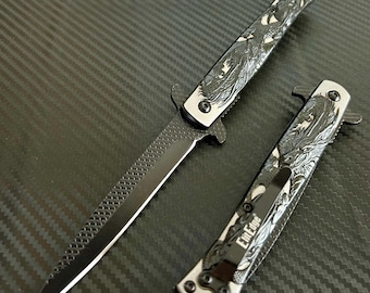 9” Black Dragon Engraved Cute Spring Assisted Open Blade Folding Pocket Knife. Hunting, Camping, Gift Knife. Cool Knife. Cute Knife