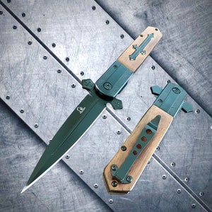 Collectible Wood Cross 9” Cool Pocket Knife. Spring Assisted Open Folding Knife. Gift for Father, Gift For Husband, Gift for Boyfriend