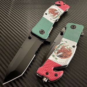 Navaja de bolsillo plegable con hoja abierta asistida por resorte y bandera mexicana de 8,5", cuchillo genial, lindo cuchillo de caza