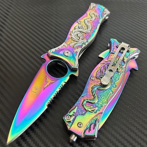 8” Rainbow Dragon Sculptured Tactical Spring Assisted Open Blade Folding Pocket knife. Hunting, Camping, Cute Knife Gift.