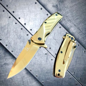 Gold Titanium Small 6” Pocket Knife. Spring Assisted Open Folding Knife. Gift for Father, Gift For Husband, Gift for Boyfriend