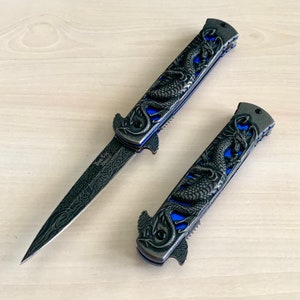 8.75” Dragon Engraved Blue Cool Knife Tactical Spring Assisted Open Blade Folding Pocket knife. Hunting, Camping, Cute Knife Gift.