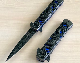8.75” Dragon Engraved Blue Cool Knife Tactical Spring Assisted Open Blade Folding Pocket knife. Hunting, Camping, Cute Knife Gift.