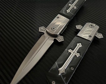 9” Black Cross Cute Knife Spring Assisted Open Blade Folding Pocket Knife. Hunting, Camping, Cute Knife. Cool Knife.