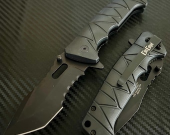 8” Tactical Black Jumbo Spring Assisted Open Blade Folding Pocket Knife. Hunting, Camping, Cute Knife. Gift.