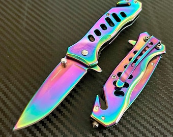 6.75” Rainbow Coated Tactical Spring Assisted Open Blade Folding Pocket knife. Hunting, Camping, Cute Knife.