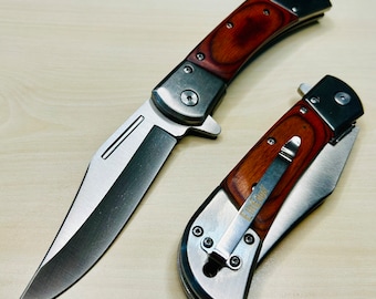 8.75” Wood Cute Tactical Spring Assisted Open Blade Folding Pocket knife. Hunting, Camping, Cool Knife.
