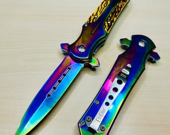 8.25” Rainbow Cute Tactical Spring Assisted Open Blade Folding Pocket knife with Bone Handle. Hunting, Camping, Cool Knife.