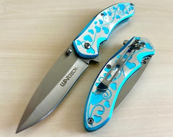 Blue Heart Engraving Cute Knife 7” Tactical Spring Assisted Folding Pocket Knife. Hunting, Camping, Cute Knife. Cool Knife.