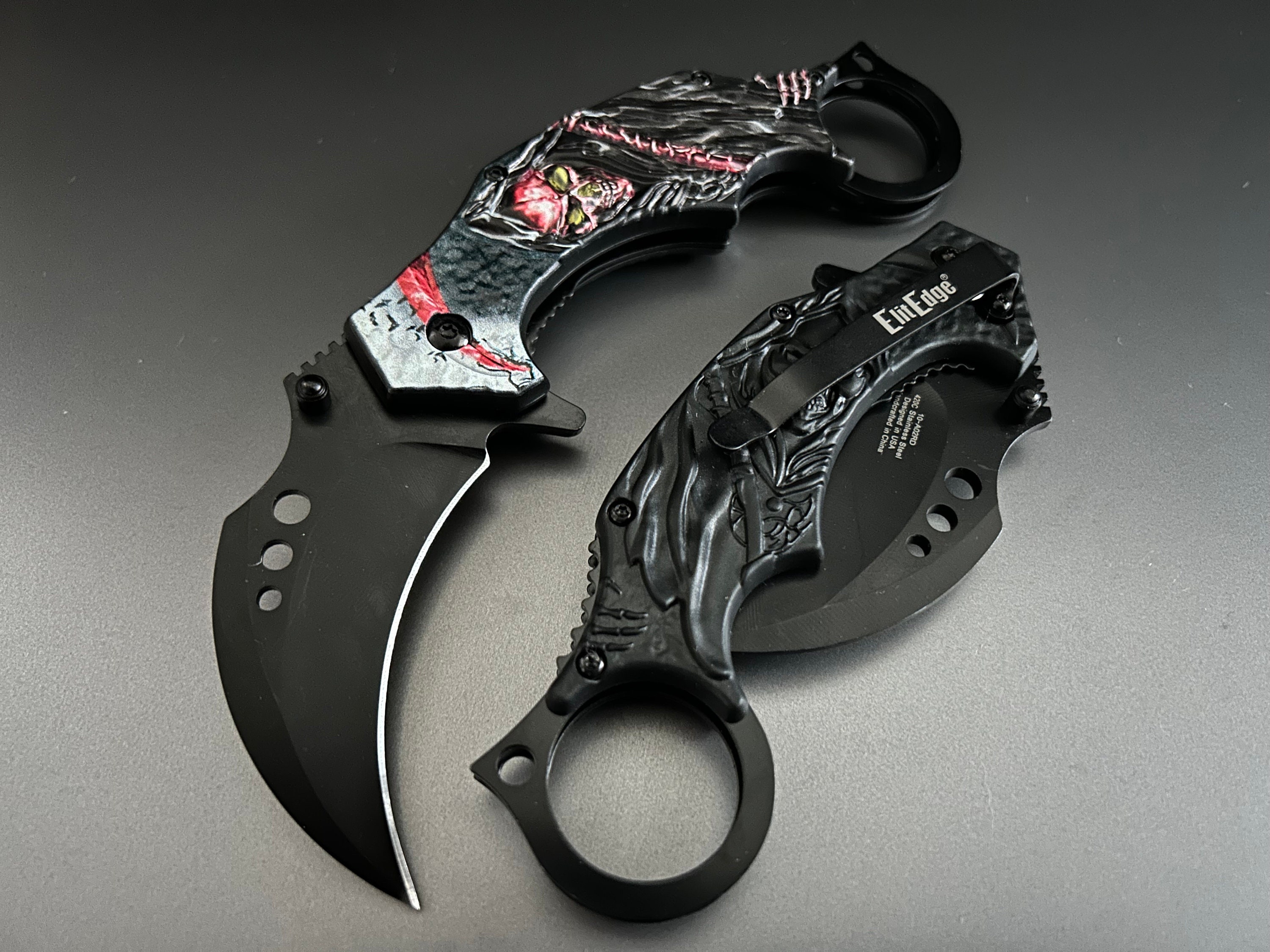 7” Red Skull Grim Reaper Tactical Claw Karambit Assisted Open
