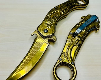 9” Gold Dragon Cute Karambit Spring Assisted Open Folding Pocket Knife. Tactical Hunting Camping Cool Knife