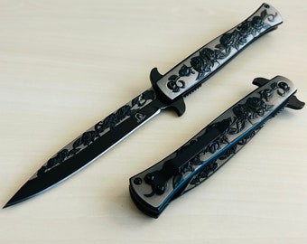 9” Black Rose Engraved Cute Spring Assisted Open Blade Folding Pocket Knife. Hunting, Camping, Cute Knife. Cool Knife.