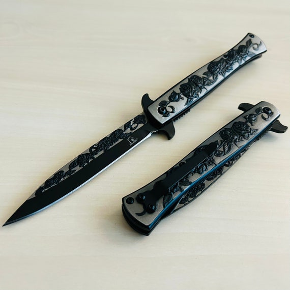 9” Black Rose Engraved Cute Spring Assisted Open Blade Folding