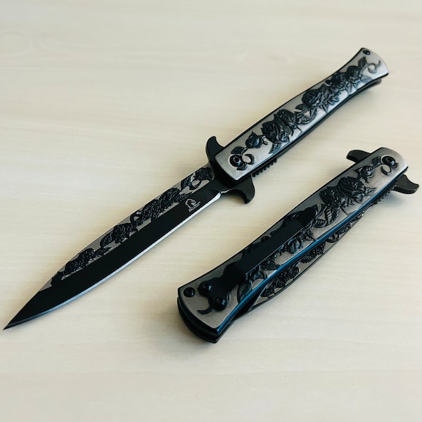 9” Black Rose Engraved Cute Spring Assisted Open Blade Folding Pocket Knife. Hunting, Camping, Cute Knife. Cool Knife.
