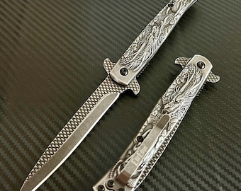 9” Stonewashed Dragon Engraved Cute Spring Assisted Open Blade Folding Pocket Knife. Hunting, Camping, Gift Knife. Cool Knife. Cute Knife