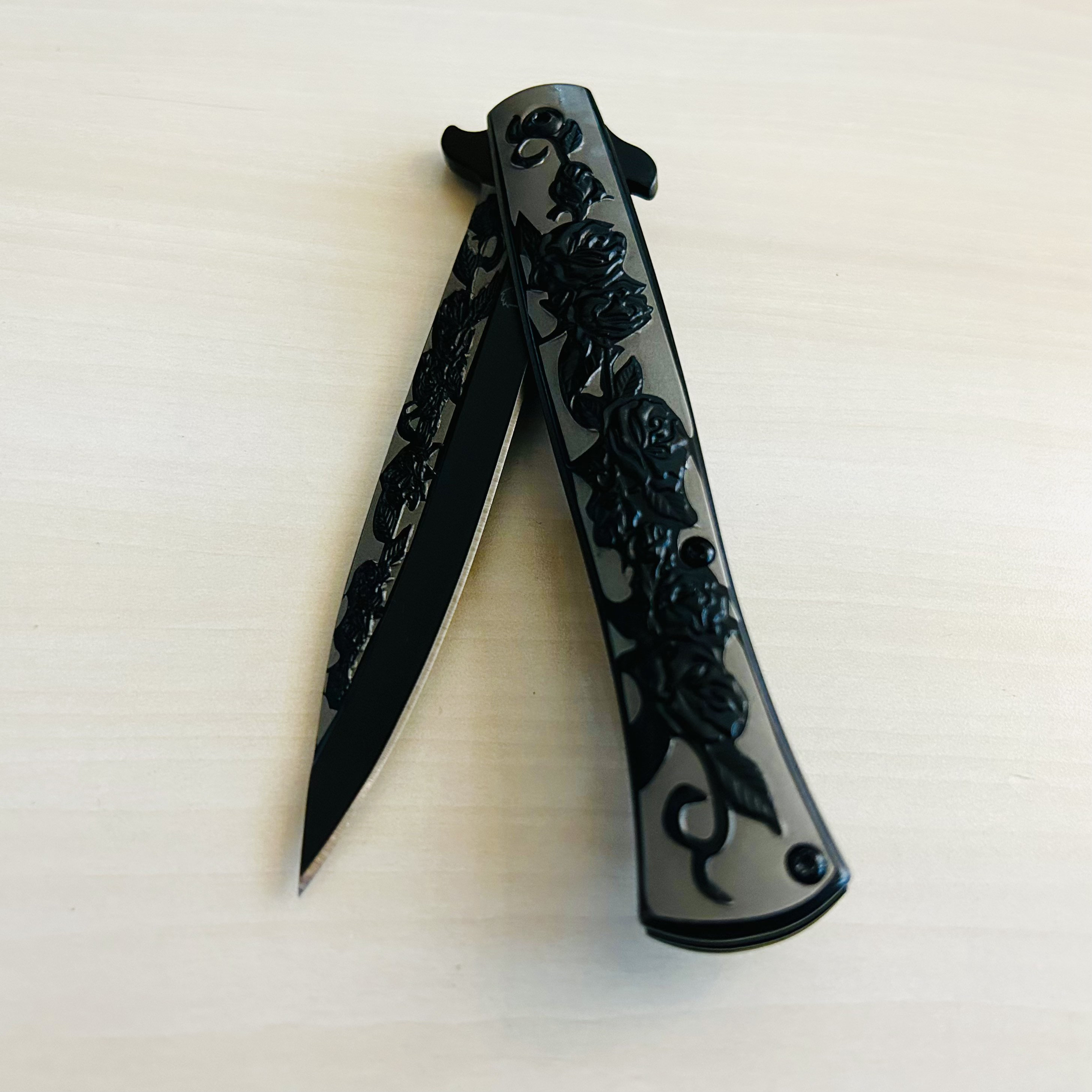 9” Black Rose Engraved Cute Spring Assisted Open Blade Folding Pocket Knife. Hunting, Camping, Cute Knife. Cool Knife.