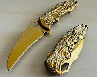 8.5” Luxury Gold Dragon Karambit Tactical Spring Assisted Folding Pocket Knife. Hunting, Camping, Cute Knife. Cool Knife.