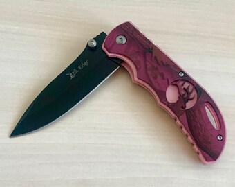 8” Pink Knife Cool Knife Assisted Folding Pocket Knife with Elk Engraved Handle. Hunting, Camping, Cute Knife. Gift.