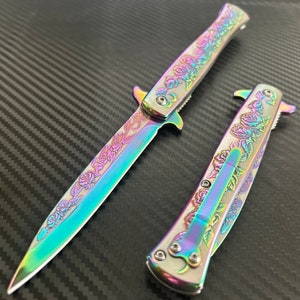 9” Rainbow Rose Engraved Cute Spring Assisted Open Blade Folding Pocket Knife. Hunting, Camping, Gift Knife. Cool Knife. Cute Knife