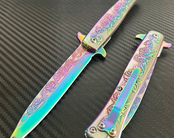 9” Rainbow Rose Engraved Cute Spring Assisted Open Blade Folding Pocket Knife. Hunting, Camping, Gift Knife. Cool Knife. Cute Knife