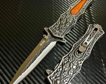 9” Brown Wood Flower Engraved Metal Handle,Cute Knife,Spring Assisted Open Blade Folding Pocket Knife, Cool Knife