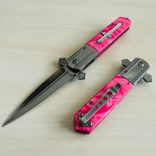 9” Pink Cross Cute Knife Spring Assisted Open Folding Knife. 3D Cross Pink Handle. Gift for Girlfriend, for Boyfriend. Cool Knife.