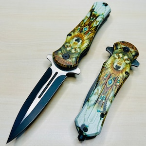 8.25” 3D Print Wolf Cute Tactical Spring Assisted Open Blade Folding Pocket knife. Hunting, Camping, Cool Knife.