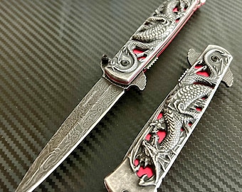 8.75” Red Dragon Engraved Cute Spring Assisted Open Blade Folding Pocket Knife. Hunting, Camping, Gift Knife. Cool Knife. Cute Knife