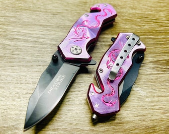 6” Pink Dragon Mini Cute Knife Spring Assisted Open Blade Folding Pocket Knife. Hunting, Camping, Cute Knife. Cool Knife.