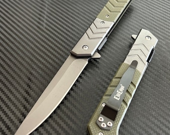 9” Military Collection G10 Green Handle Spring Assisted Folding Pocket Knife. Gift for him