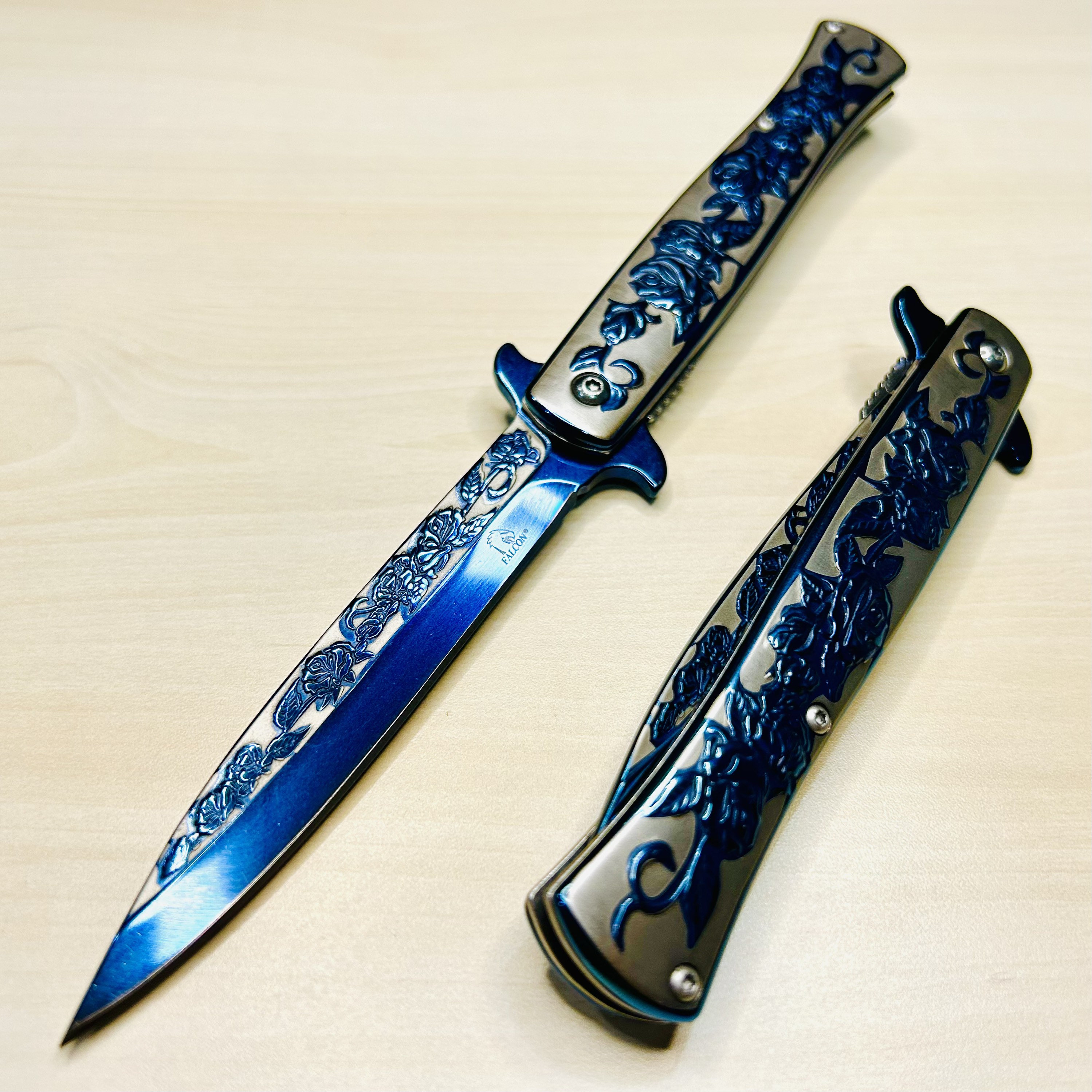 9” Black Rose Engraved Cute Spring Assisted Open Blade Folding Pocket Knife. Hunting, Camping, Cute Knife. Cool Knife.