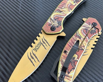 8.75” Dragon Engraved Gold Knife Tactical Spring Assisted Open Blade Folding Pocket knife Cool Knife. Hunting, Camping, Cute Knife Gift.