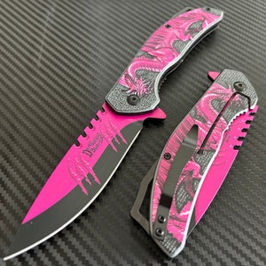 8.75” Dragon Engraved Pink Cool Knife Tactical Spring Assisted Folding Pocket knife Cool Knife. Hunting, Camping, Cute Knife Gift.