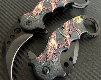 7” Red Dragon Karambit Knife Spring Assisted Open Blade Folding Pocket Knife. Hunting, Camping, Cute Knife. Cool Knife.