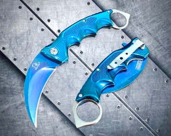 Collectible Blue Karambit Spring Assisted Open Blade Folding Pocket Knife. Gift for Father, Gift For Her, Gift For Him.