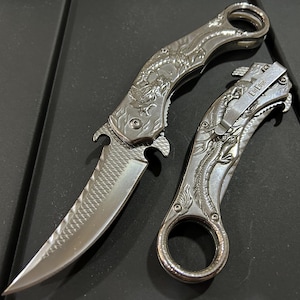 9” Silver Dragon Cute Karambit Spring Assisted Open Folding Pocket Knife. Tactical Hunting Camping Cool Knife