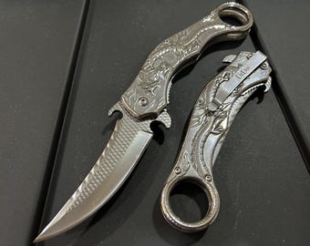 9” Silver Dragon Cute Karambit Spring Assisted Open Folding Pocket Knife. Tactical Hunting Camping Cool Knife