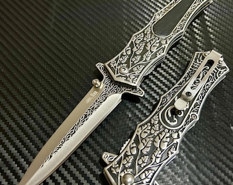 9” Black Wood Flower Engraved Metal Handle,Cute Knife,Spring Assisted Open Blade Folding Pocket Knife, Cool Knife