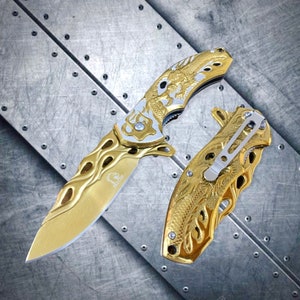 Collectible Gold Dragon Knife Sculpture 8”  Tactical Spring Assisted Folding Pocket knife. Gift for Father, Gift For Husband, for Boyfriend