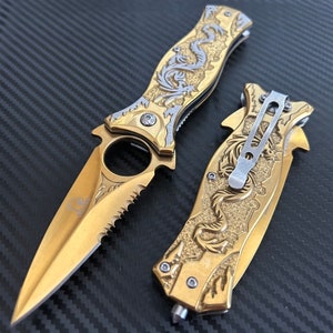 8” Gold Dragon Sculptured Tactical Spring Assisted Open Blade Folding Pocket knife. Hunting, Camping, Cute Knife Gift.