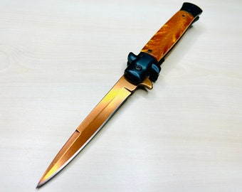 9” Classic Marble Gold Brown Tactical Spring Assisted Folding Pocket Knife Cute Knife. Hunting, Camping, Cute Knife. Cool Knife.