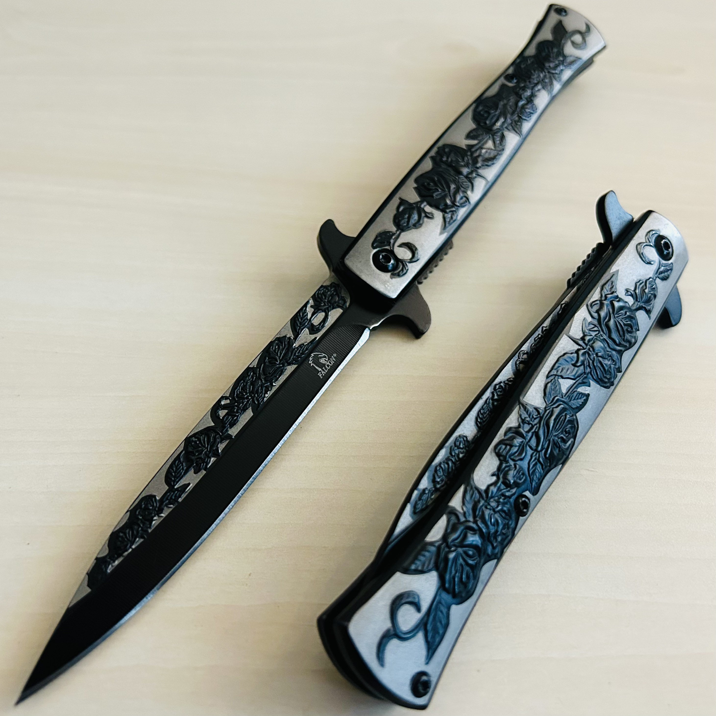9” Black Rose Engraved Cute Spring Assisted Open Blade Folding Pocket Knife. Hunting, Camping, Cute Knife. Cool Knife.