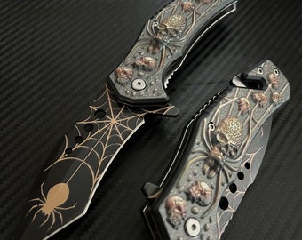 8.5” Black Spider Tactical Spring Assisted Open Blade Folding Pocket Knife Cool Knife Cute Knife Hunting Knife