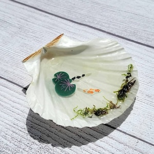 Koi Fish Resin Pond Lotus Flower Scallop Seashell Trinket Dish