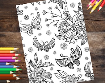 Butterfly coloring page, floral butterfly coloring book page, printable coloring page for adults