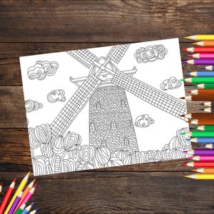 Tonami Japan Coloring Page, Windmill Coloring Sheet, Travel Activity Page, Japan Coloring Book Page